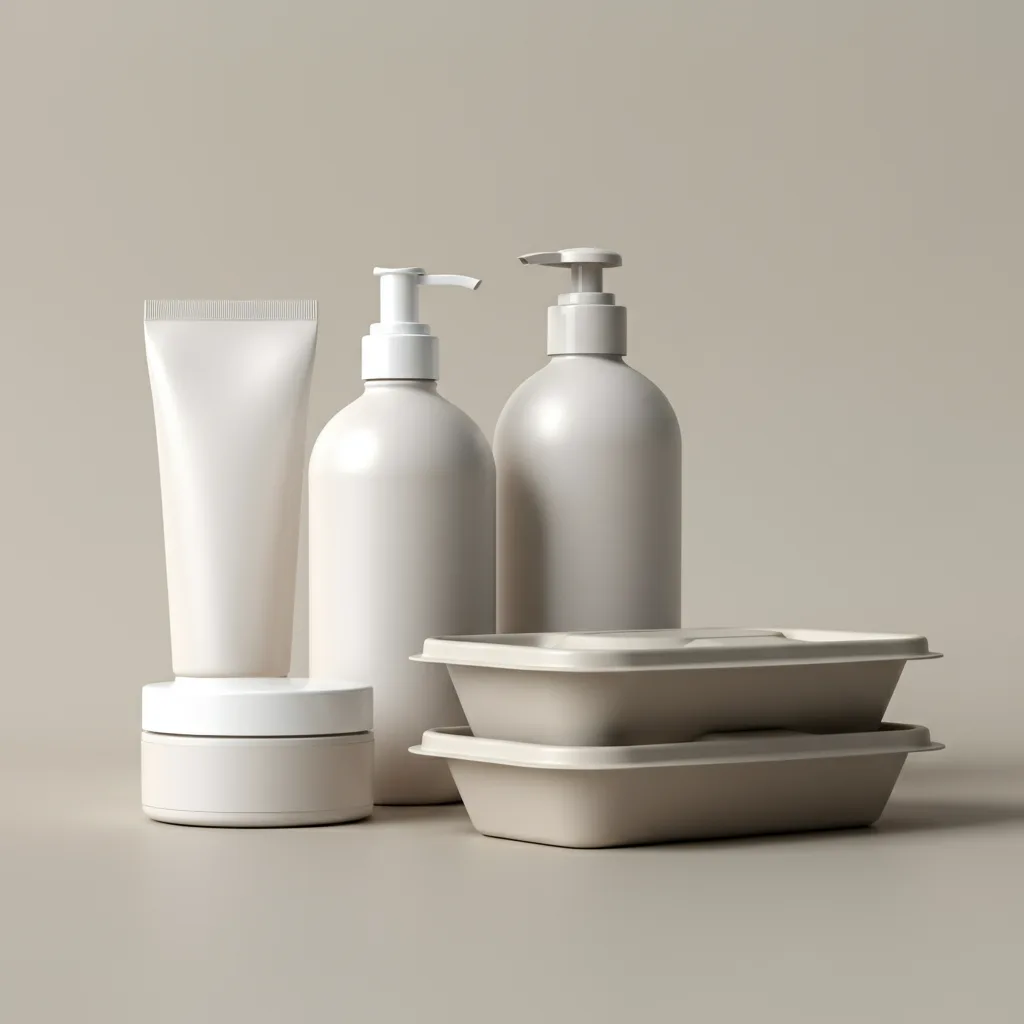 White plastic bathroom containers and food boxes on a neutral background.